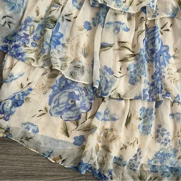 Lulus Arata Tiered Maxi Dress Small Beige Blue Floral Cutout Cottagecore Fairy - Picture 8 of 12